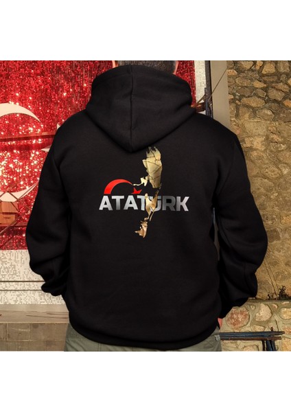 Yaldızlı Atatürk Silüetli Tasarım Baskılı Oversize Hoodie Sweatshirt Siyah