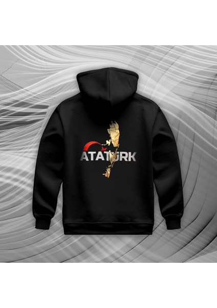 Yaldızlı Atatürk Silüetli Tasarım Baskılı Oversize Hoodie Sweatshirt Siyah