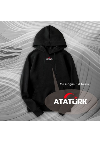 Yaldızlı Atatürk Silüetli Tasarım Baskılı Oversize Hoodie Sweatshirt Siyah
