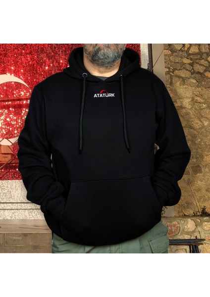Yaldızlı Atatürk Silüetli Tasarım Baskılı Oversize Hoodie Sweatshirt Siyah