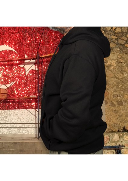 Yaldızlı Atatürk Silüetli Tasarım Baskılı Oversize Hoodie Sweatshirt Siyah