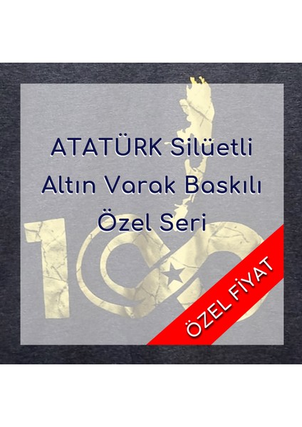 Yaldızlı Atatürk Silüetli Özel Tasarım Baskılı Bisiklet Yaka 100% Pamuklu Tişört Antrasit modelleri