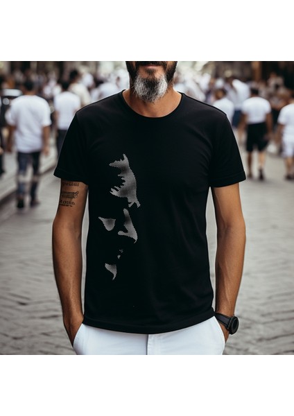 Noktasal Atatürk Silüetli Özel Tasarım Baskılı Bisiklet Yaka 100% Pamuklu Tişört Siyah