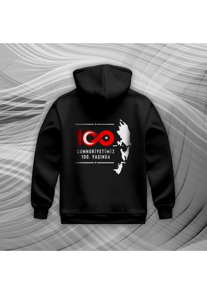 100. Yıl Atatürk Silüetli Tasarım Baskılı Oversize Hoodie Sweatshirt Siyah
