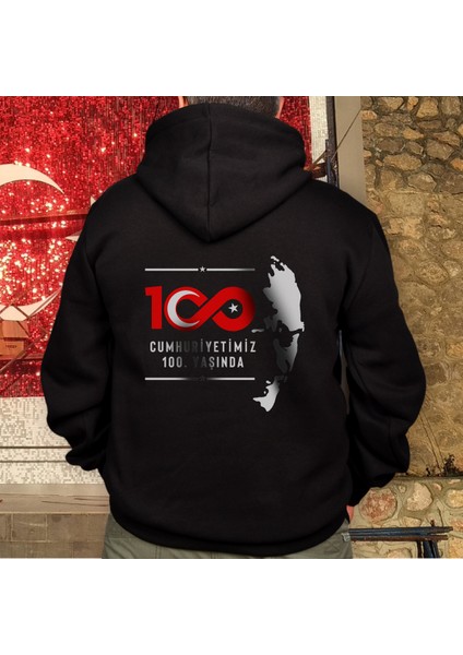 100. Yıl Atatürk Silüetli Tasarım Baskılı Oversize Hoodie Sweatshirt Siyah
