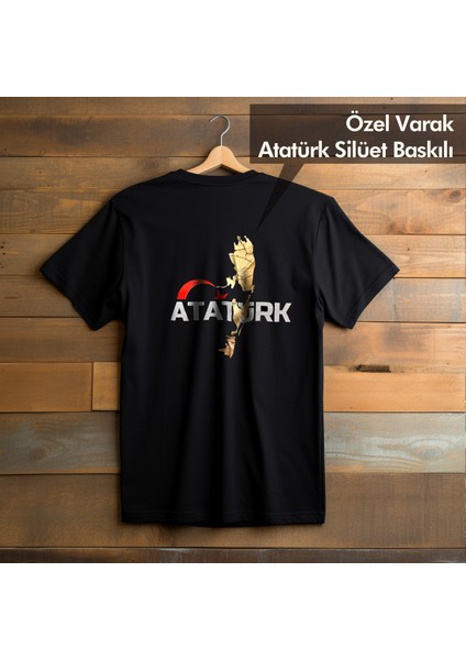 Atatürk Silüet Yaldızlı ve Yazılı Özel Tasarım Baskılı Bisiklet Yaka 100% Pamuklu Tişört Siyah