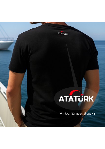 Atatürk Silüet Yaldızlı ve Yazılı Özel Tasarım Baskılı Bisiklet Yaka 100% Pamuklu Tişört Siyah