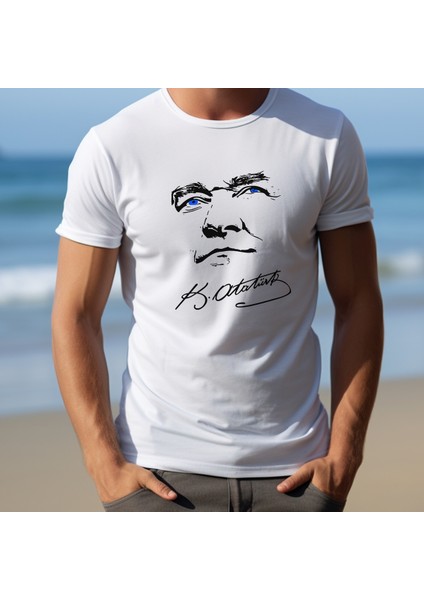 Atatürk Silüet Özel Tasarım Baskılı Bisiklet Yaka 100% Pamuklu Tişört Beyaz