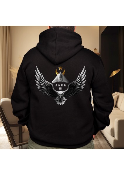 Anka 3 Kartal Illüstratif Baskılı Oversize Hoodie Sweatshirt Siyah