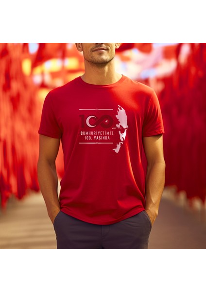 Atatürk 100.YIL Özel Seri Tasarım Baskılı Bisiklet Yaka 100% Pamuklu Tişört Siyah - Kırmızı