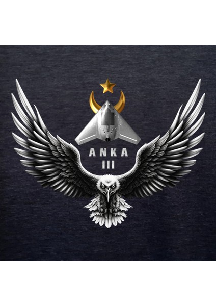Anka 3 Kartal Illustratif Tasarım Baskılı Bisiklet Yaka 100% Pamuklu Tişört Siyah