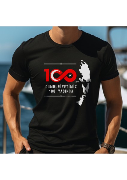 Atatürk 100.YIL Özel Seri Tasarım Baskılı Bisiklet Yaka 100% Pamuklu Tişört Siyah - Kırmızı