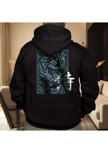 Samurai Kabartma Illüstratif Baskılı Oversize Hoodie Sweatshirt Siyah