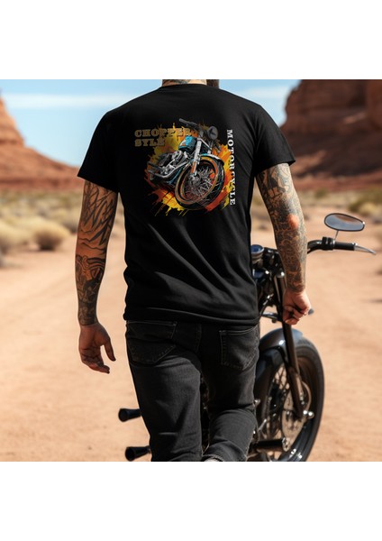 Chopper Style Motorcycle Illustratif Tasarım Baskılı Bisiklet Yaka 100% Pamuklu Tişört Siyah