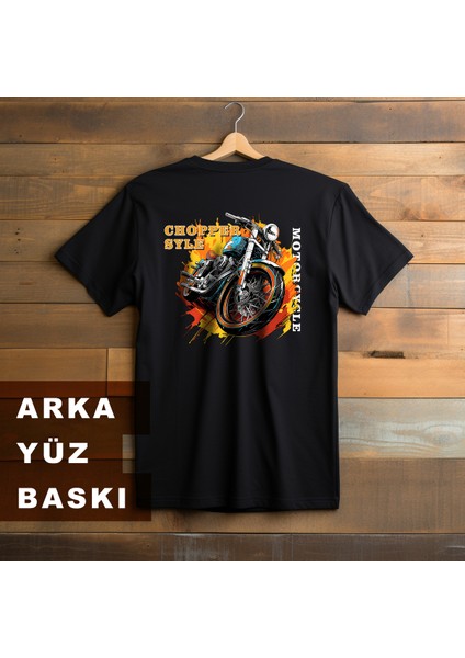 Chopper Style Motorcycle Illustratif Tasarım Baskılı Bisiklet Yaka 100% Pamuklu Tişört Siyah modelleri