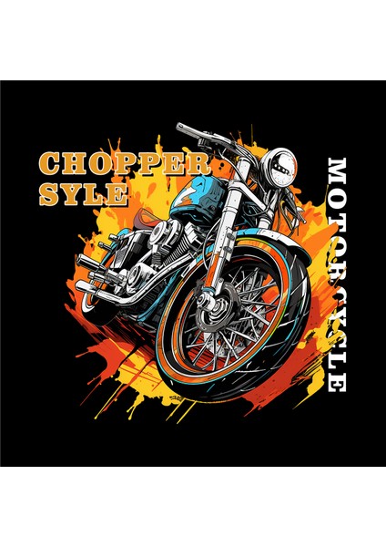 Chopper Style Motorcycle Illustratif Tasarım Baskılı Bisiklet Yaka 100% Pamuklu Tişört Siyah fırsatları