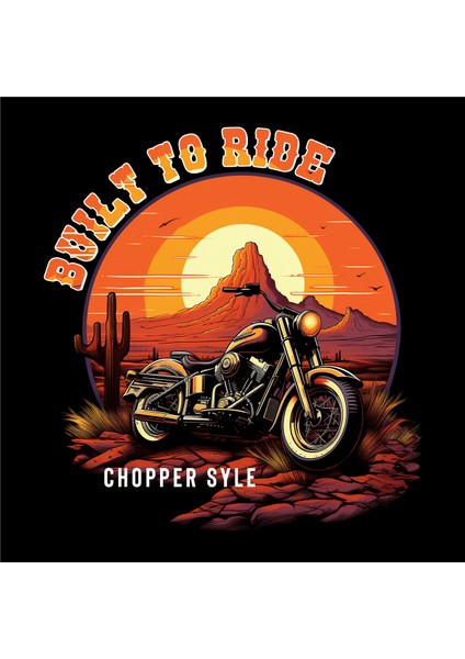 Chopper Style Motorcycle Illustratif Tasarım Baskılı Bisiklet Yaka 100% Pamuklu Tişört Siyah fırsatları