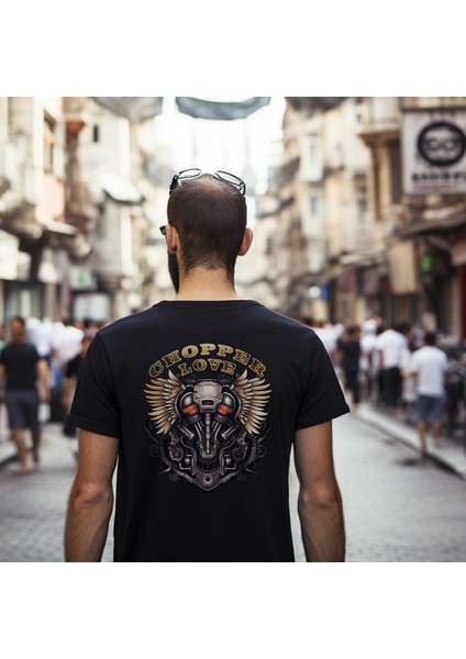 Chopper Style Motorcycle Illustratif Tasarım Baskılı Bisiklet Yaka 100% Pamuklu Tişört Siyah