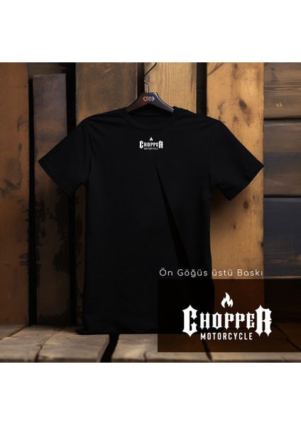 Chopper Style Motorcycle Illustratif Tasarım Baskılı Bisiklet Yaka 100% Pamuklu Tişört Siyah modelleri