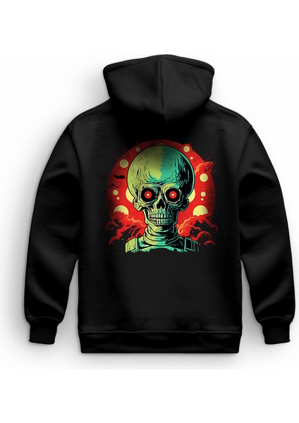 Ufo Danger Illüstratif Baskılı Oversize Hoodie Sweatshirt Siyah