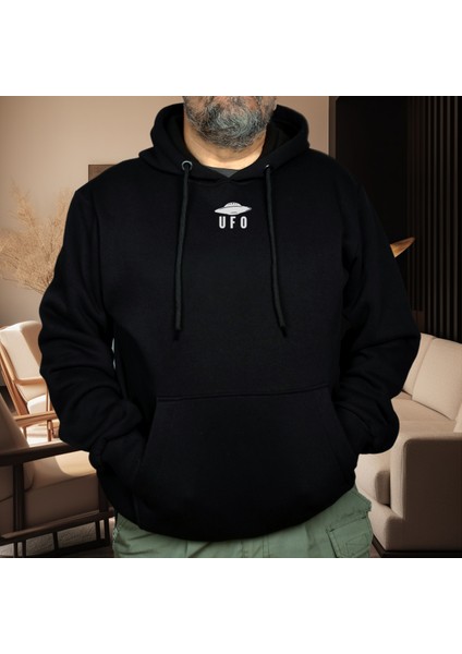 Ufo Danger Illüstratif Baskılı Oversize Hoodie Sweatshirt Siyah modelleri