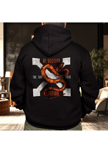 Of Section Snake Illüstratif Baskılı Oversize Hoodie Sweatshirt Siyah
