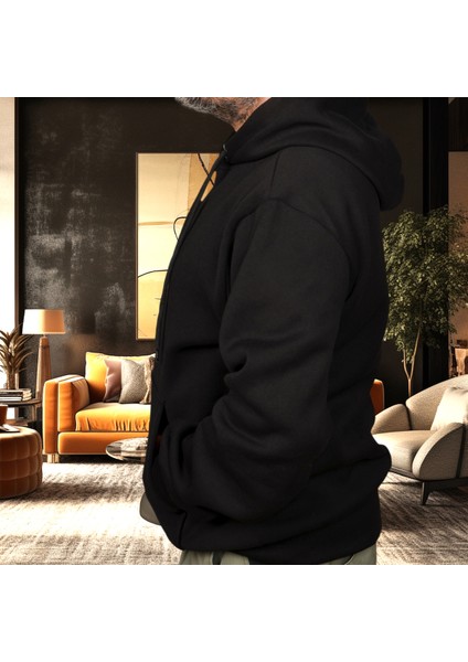 Of Section Snake Illüstratif Baskılı Oversize Hoodie Sweatshirt Siyah