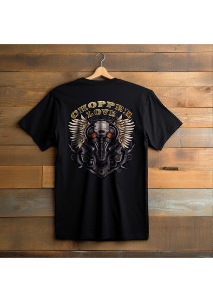 Chopper Style Motorcycle Illustratif Tasarım Baskılı Bisiklet Yaka 100% Pamuklu Tişört Siyah