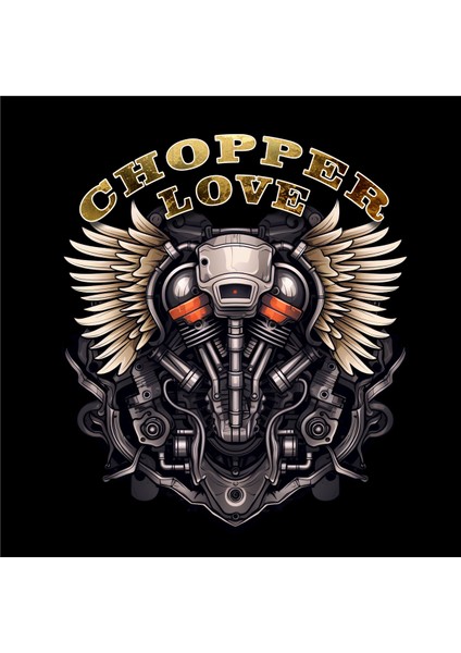 Chopper Style Motorcycle Illustratif Tasarım Baskılı Bisiklet Yaka 100% Pamuklu Tişört Siyah