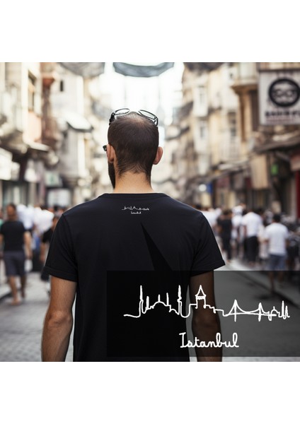 Istanbul Şehir Tasarım Baskılı Bisiklet Yaka 100% Pamuklu Tişört Siyah modelleri