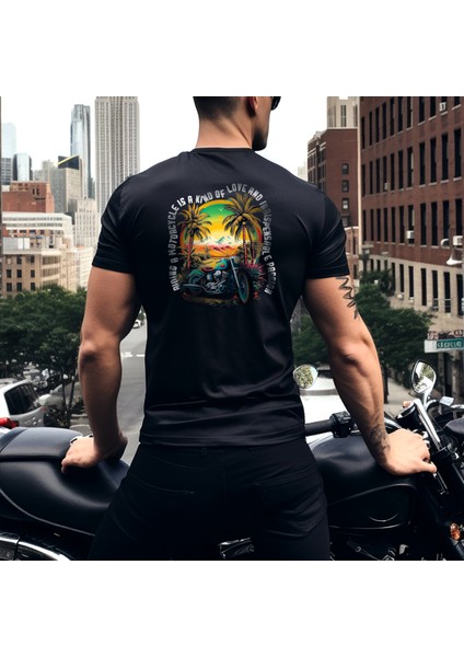 Classic Motorcycle Illustratif Tasarım Baskılı Bisiklet Yaka 100% Pamuklu Tişört Siyah