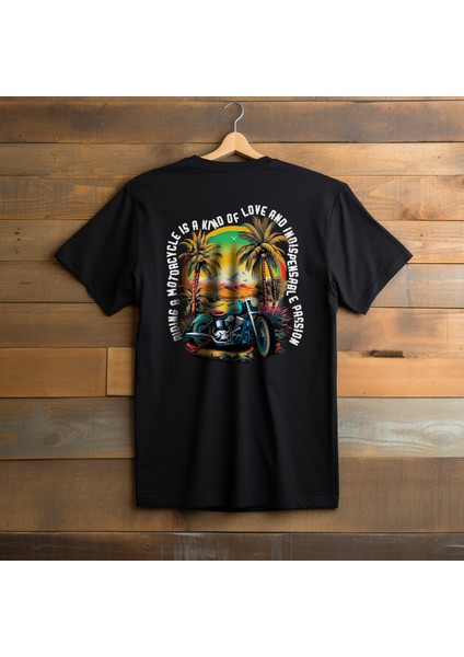 Classic Motorcycle Illustratif Tasarım Baskılı Bisiklet Yaka 100% Pamuklu Tişört Siyah