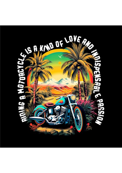 Classic Motorcycle Illustratif Tasarım Baskılı Bisiklet Yaka 100% Pamuklu Tişört Siyah