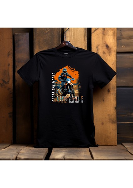 Cross Adv Motorcycle Illustratif Tasarım Baskılı Bisiklet Yaka 100% Pamuklu Tişört Siyah