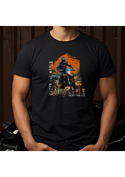 Cross Adv Motorcycle Illustratif Tasarım Baskılı Bisiklet Yaka 100% Pamuklu Tişört Siyah