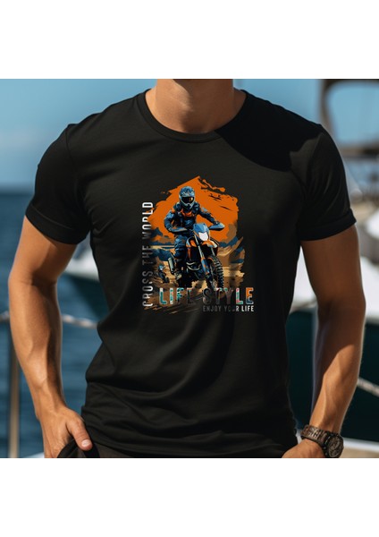 Cross Adv Motorcycle Illustratif Tasarım Baskılı Bisiklet Yaka 100% Pamuklu Tişört Siyah