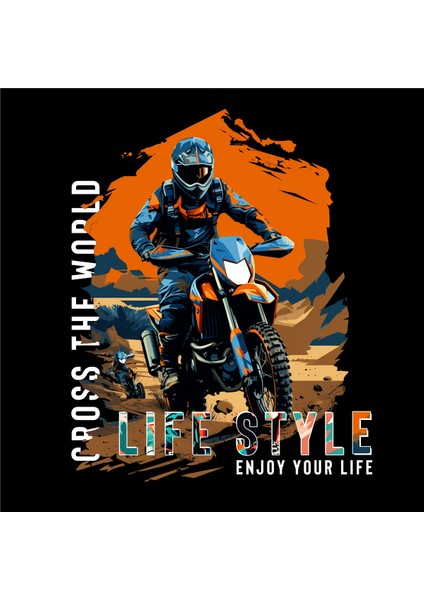 Cross Adv Motorcycle Illustratif Tasarım Baskılı Bisiklet Yaka 100% Pamuklu Tişört Siyah