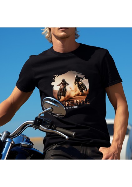 Moto Cross Life Style Africa Illustratif Tasarım Baskılı Bisiklet Yaka 100% Pamuklu Tişört Siyah