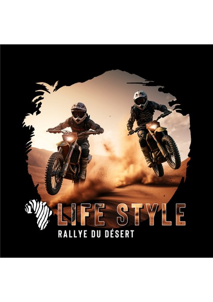 Moto Cross Life Style Africa Illustratif Tasarım Baskılı Bisiklet Yaka 100% Pamuklu Tişört Siyah