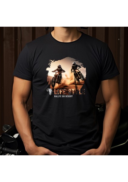 Moto Cross Life Style Africa Illustratif Tasarım Baskılı Bisiklet Yaka 100% Pamuklu Tişört Siyah