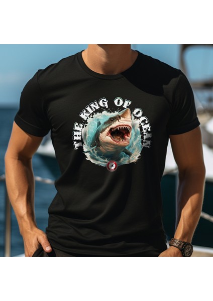 Shark Ocean Tasarım Baskılı Bisiklet Yaka 100% Pamuklu Tişört Siyah