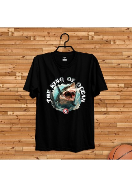 Shark Ocean Tasarım Baskılı Bisiklet Yaka 100% Pamuklu Tişört Siyah