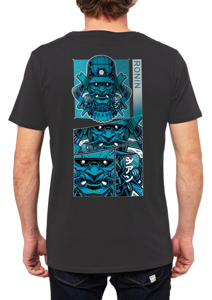 Ronin Samurai Japon Tasarım Baskılı Bisiklet Yaka 100% Pamuklu Tişört Antrasit