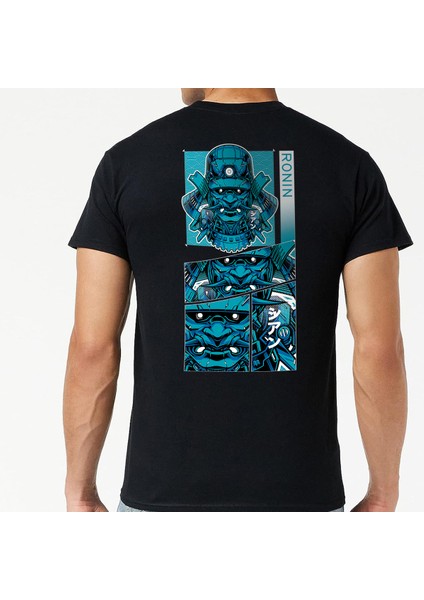 Ronin Samurai Japon Tasarım Baskılı Bisiklet Yaka 100% Pamuklu Tişört Siyah
