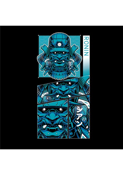 Ronin Samurai Japon Tasarım Baskılı Bisiklet Yaka 100% Pamuklu Tişört Siyah