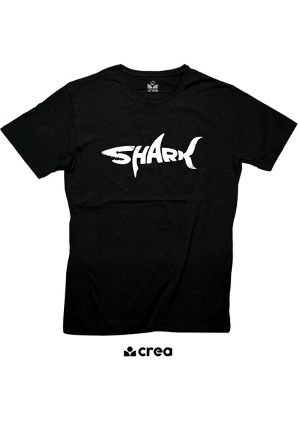 Shark Desen Baskılı Bisiklet Yaka 100% Pamuklu Tişört Siyah