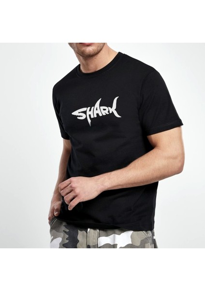 Shark Desen Baskılı Bisiklet Yaka 100% Pamuklu Tişört Siyah