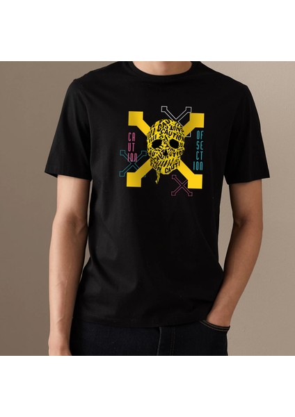 Of Sectıon Skull Tasarım Baskılı Bisiklet Yaka 100% Pamuklu Tişört Siyah