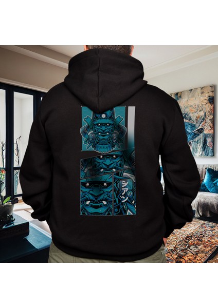 Samurai Nito Illüstratif Baskılı Oversize Hoodie Sweatshirt Siyah
