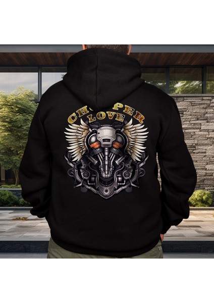 Choper Motorcycle Illüstratif Baskılı Oversize Hoodie Sweatshirt Siyah